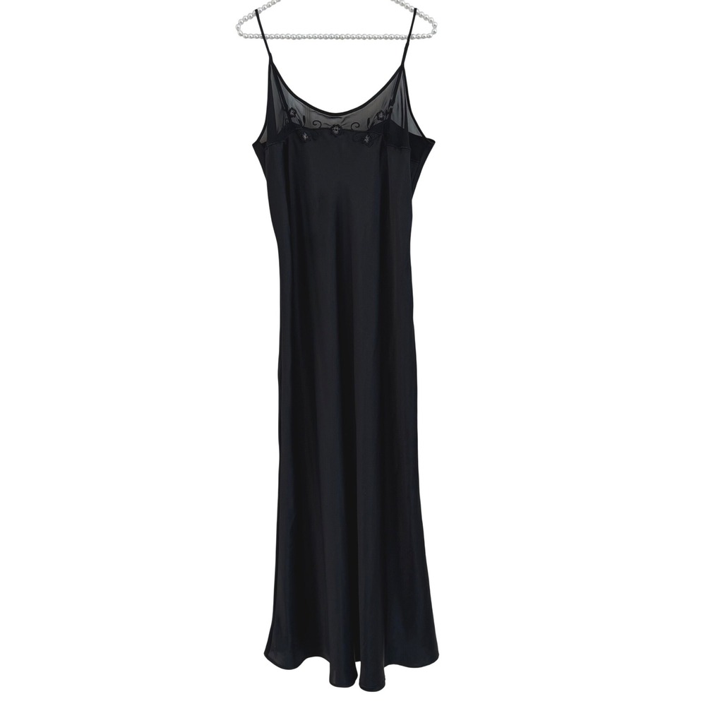 Vtg 90s Whimsigoth Beaded Satin Maxi Slip Dress L Black Crossing Pointe Glamour